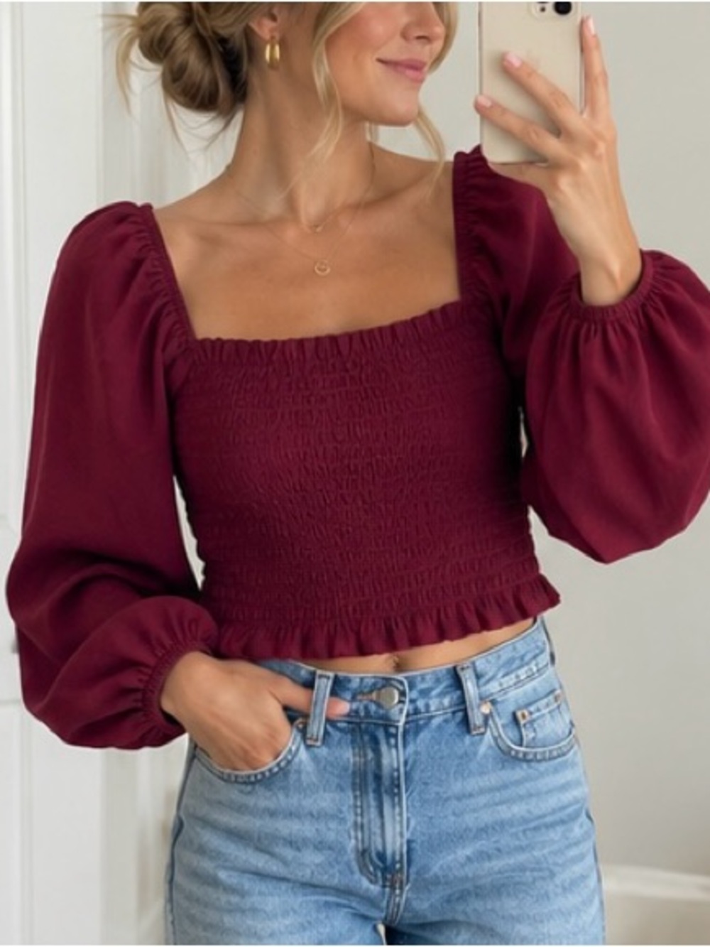 Women’s Burgundy Smocked Square-Neck Crop Top